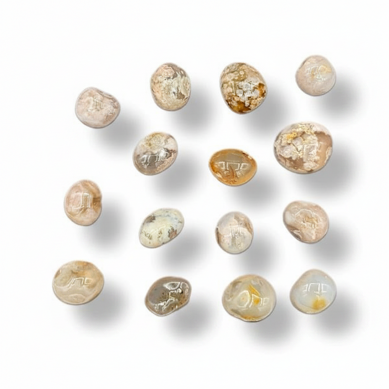 Twelve polished gemstone tumbled stones with various natural patterns and colors, arranged in a loose circle on a white background with soft drop shadows.
