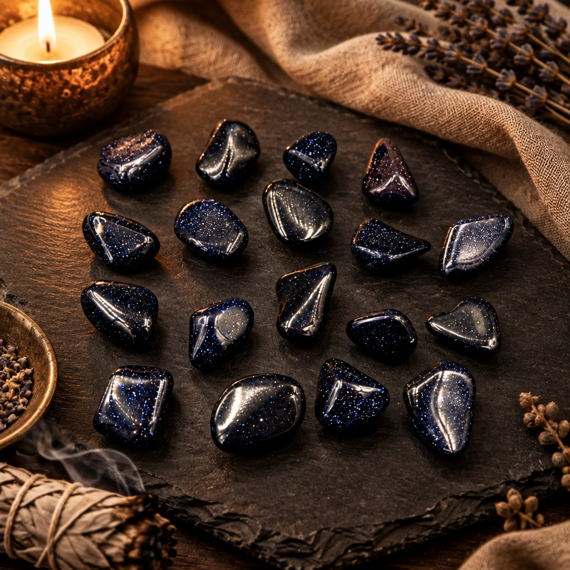 A set of polished dark blue tumbled gemstones with fine gold glitter, arranged on a dark slate platter with a lit candle, burlap fabric, and dried lavender in a cozy, warm-toned setting.