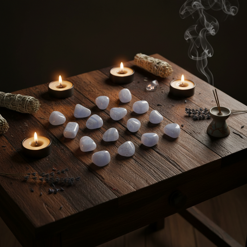A group of smooth blue and white tumbled stones arranged on a rustic dark wooden table, surrounded by small burning tealight candles, a sage bundle, dried lavender sprigs, and a incense holder with smoking sticks in a moody dark setting.