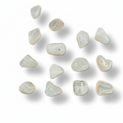 Twelve small, irregular, polished opalized Agate in a milky translucent white color, arranged in a scattered pattern on a white background with soft drop shadows.