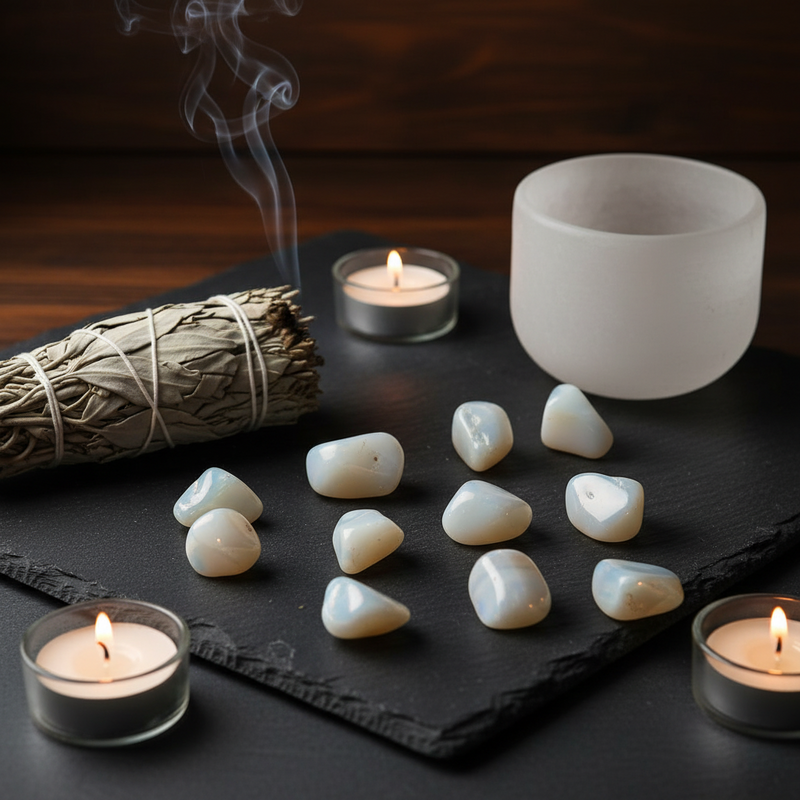A styled arrangement of white polished stones, a white frosted bowl, a smudge bundle with visible smoke, and several lit tealight candles on a dark slate surface against a dark wooden background.