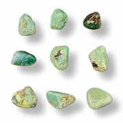 Nine polished green tumbled stones arranged in a 3x3 grid on a white background with soft drop shadows.
