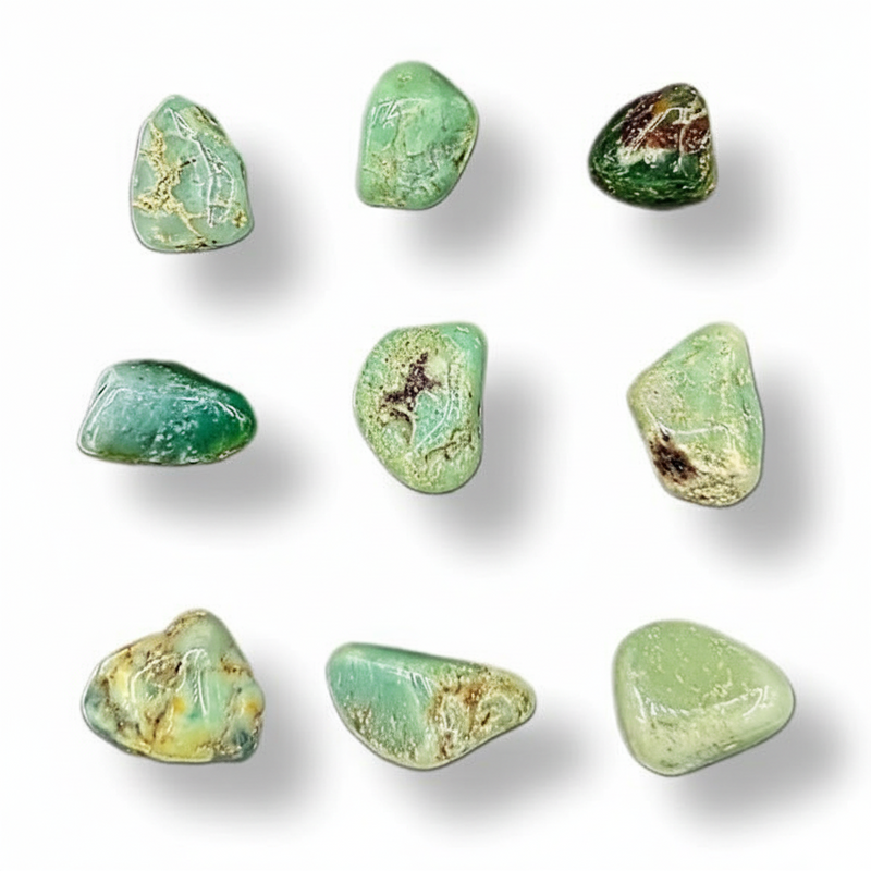 Nine polished green tumbled stones arranged in a 3x3 grid on a white background with soft drop shadows.
