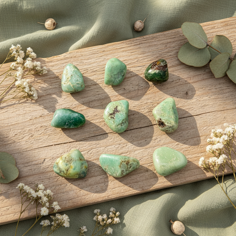 Nine polished green tumbled stones arranged on a rectangular wooden board, surrounded by small white flowers and green leaves on draped sage-green fabric.
