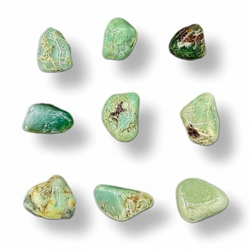 Nine polished green tumbled stones arranged in a 3x3 grid on a white background with soft drop shadows.