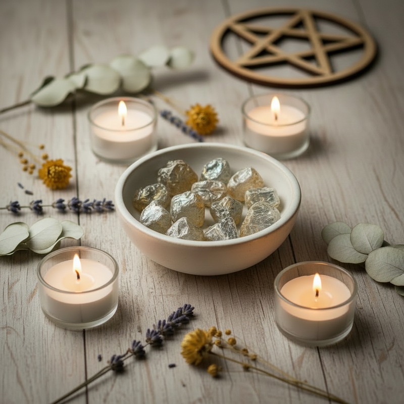 A styled tabletop scene with a white bowl filled with topaz crystals, surrounded by lit tealight candles, dried eucalyptus leaves, lavender sprigs, a brass incense burner with smoke, and a wooden pentagram symbol on a light wood surface.