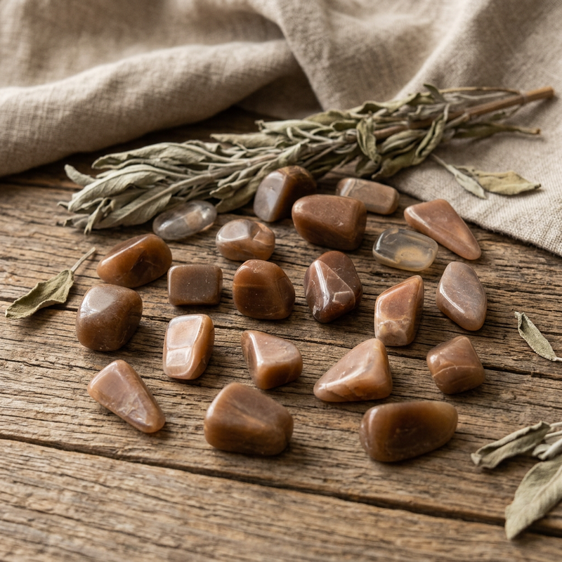 A set of polished brown tumbled stones arranged on a rustic wooden surface with dried herbs and a beige linen cloth.