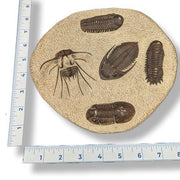 Fossilized trilobite impressions plate with a ruler for scale.