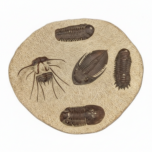 A circular beige fossil specimen showing five dark brown trilobite and arthropod impressions on a plain white background.