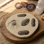 A round beige stone  plaque featuring five dark fossil impressions, displayed on a wooden board with agate slices and a crystal in the background.