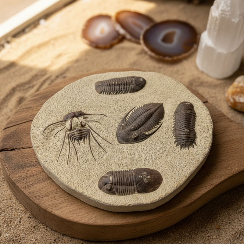 A round beige stone  plaque featuring five dark fossil impressions, displayed on a wooden board with agate slices and a crystal in the background.
