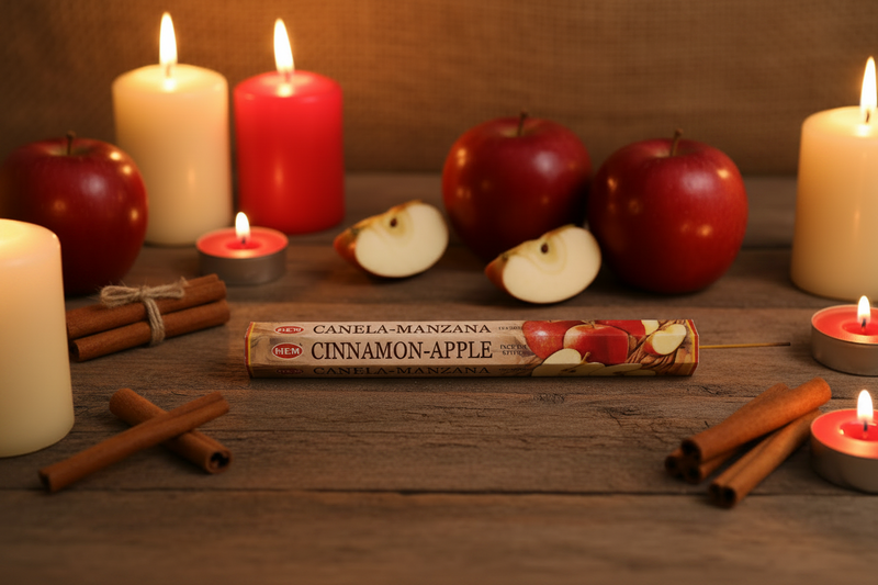Hem Incense Cinnamon Apple 20g Approximate on a table with apples, candles and cinnamon sticks.