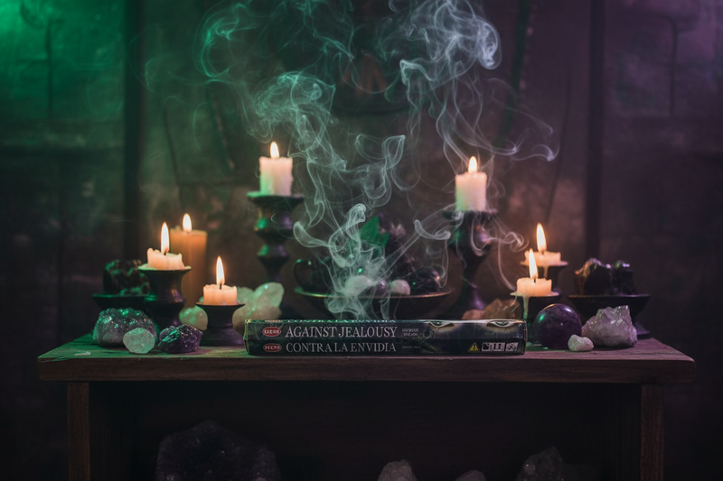 Hem Incense Against Jealousy 20g  on an altar table surrounded by crystals and candles.