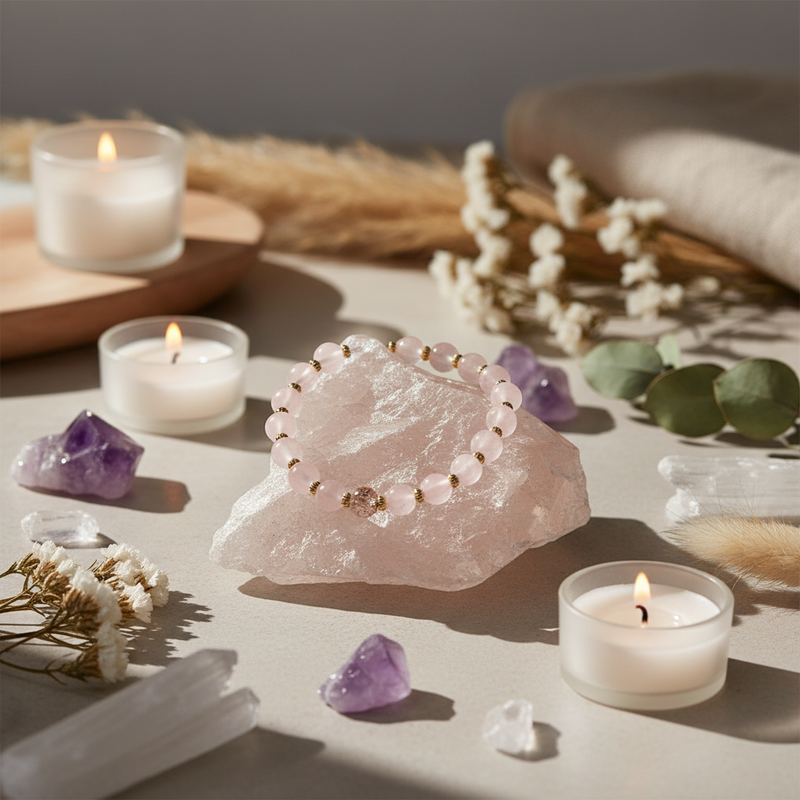 A beaded bracelet with gold-toned beads and clear crystal accents rests on a pink quartz crystal cluster, styled with tea lights, dried flowers, amethyst stones, and white crystal points on a neutral tabletop.
