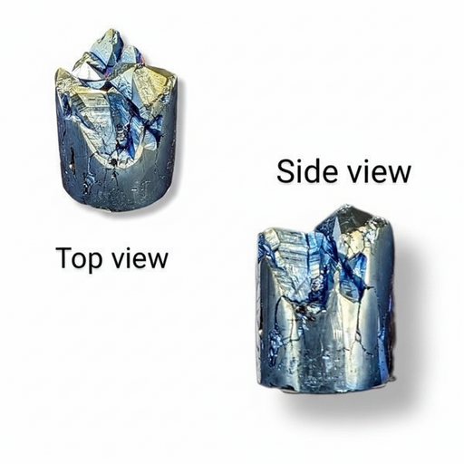 Two views of a polished blue metallic crystal or mineral chunk on a white background, labeled 'Top view' and 'Side view'.