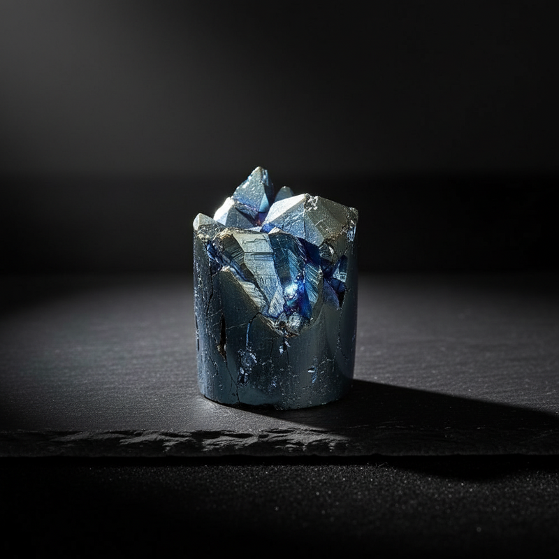 a Titanium Blue Amethyst cylinder standing on a dark surface against a black background.