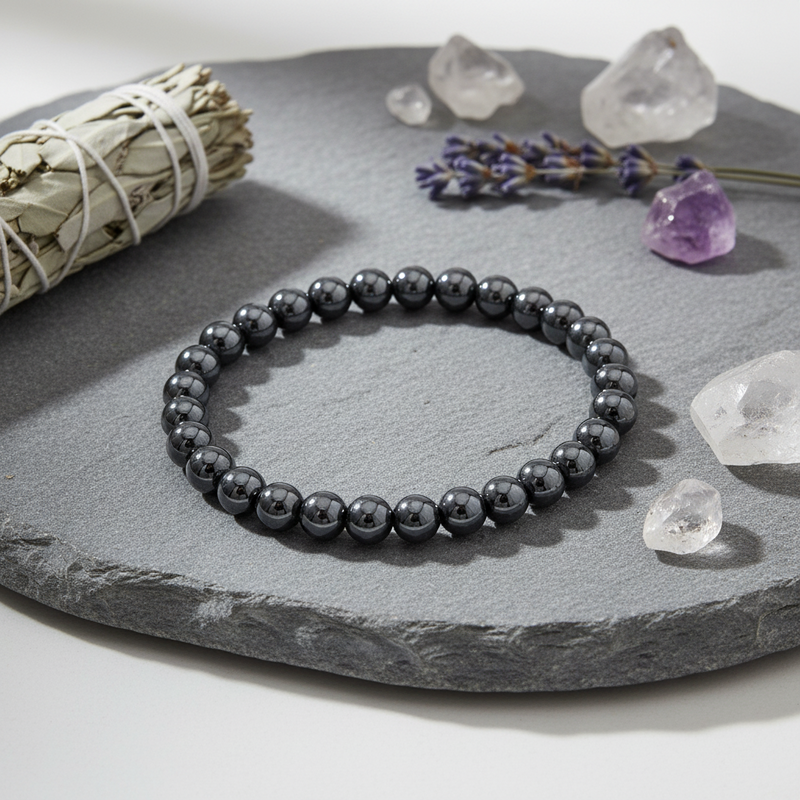 A dark gray beaded bracelet made of polished round beads, displayed on a round gray slate tray with crystals, lavender, and a white sage bundle as props.
