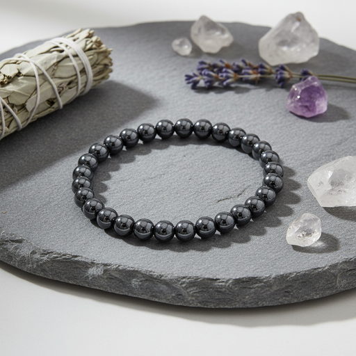 A dark gray beaded bracelet made of polished round beads, displayed on a round gray slate tray with crystals, lavender, and a white sage bundle as props.