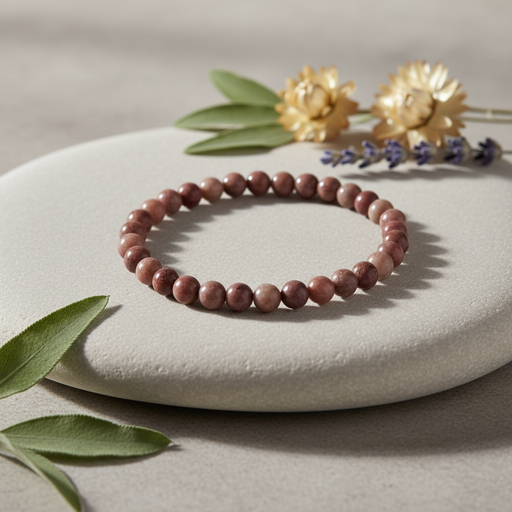 A beaded stretch bracelet made of round terracotta-colored stone beads, displayed on a light gray stone slab with decorative green leaves, gold flowers, and lavender sprigs.