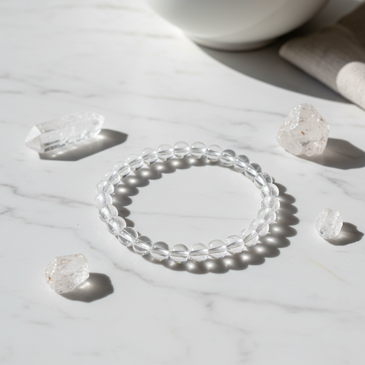 A clear beaded bracelet made of transparent round beads, arranged in a circle on a white marble surface with a few rough crystal stones nearby and soft shadows.