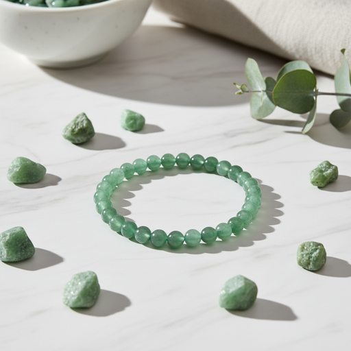 A green beaded bracelet made of smooth, translucent round beads, displayed on a white marble surface surrounded by small green stones and a sprig of eucalyptus.