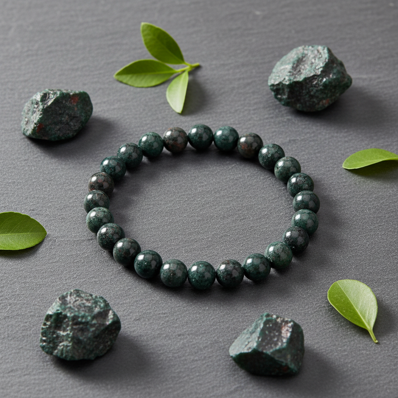 A beaded stretch bracelet made of polished dark green stone beads, arranged in a circle on a dark gray textured surface, surrounded by raw green stones and small green leaves.