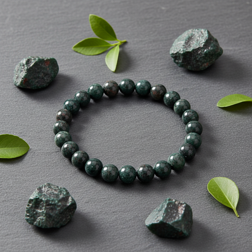 A beaded stretch bracelet made of polished dark green stone beads, arranged in a circle on a dark gray textured surface, surrounded by raw green stones and small green leaves.
