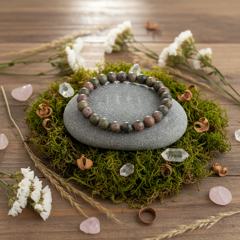A beaded bracelet made of polished earth-toned gemstones rests on a smooth gray stone, placed on a bed of green moss with crystals, dried flowers, and a wooden surface around it.