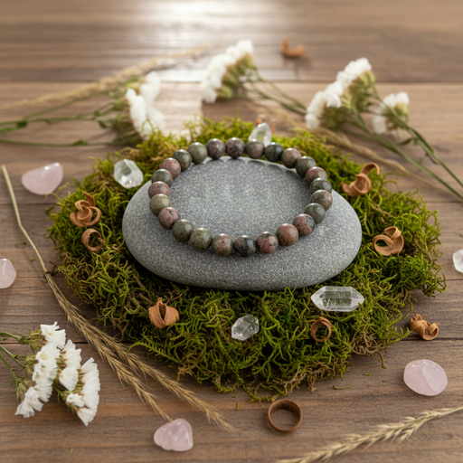 A beaded bracelet made of polished earth-toned gemstones rests on a smooth gray stone, placed on a bed of green moss with crystals, dried flowers, and a wooden surface around it.