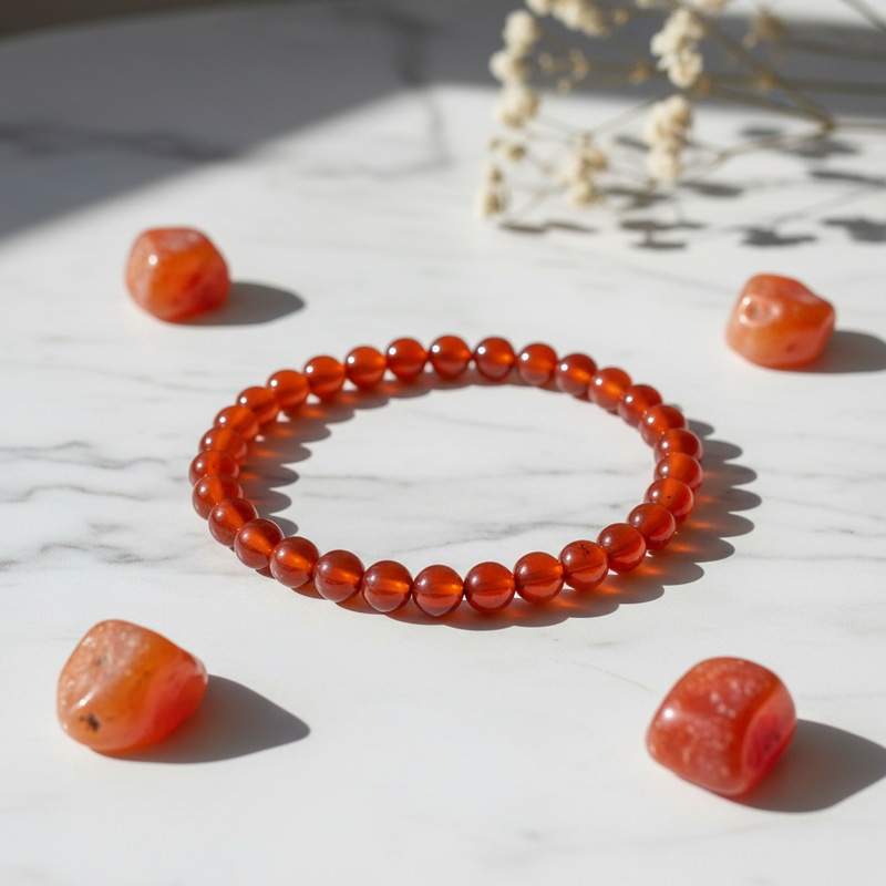 A translucent orange-red beaded bracelet arranged in a circle on a white marble surface, with matching polished stone pieces placed around it and dried flowers in the background.