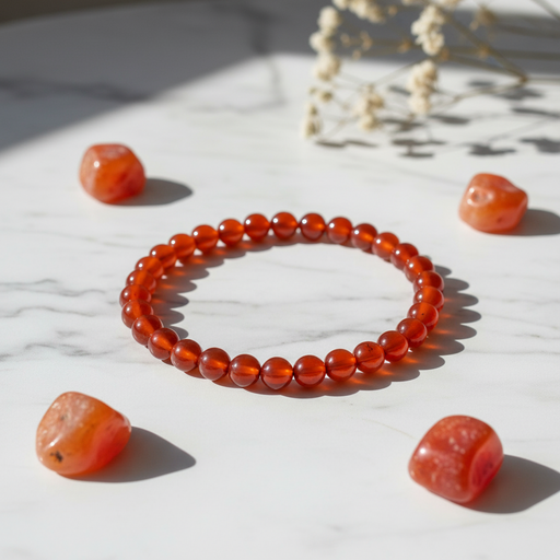 A translucent orange-red beaded bracelet arranged in a circle on a white marble surface, with matching polished stone pieces placed around it and dried flowers in the background.