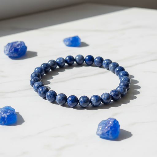 A beaded bracelet made of polished dark blue selenite beads, arranged in a circle on a white marble surface, surrounded by several rough blue crystal pieces.