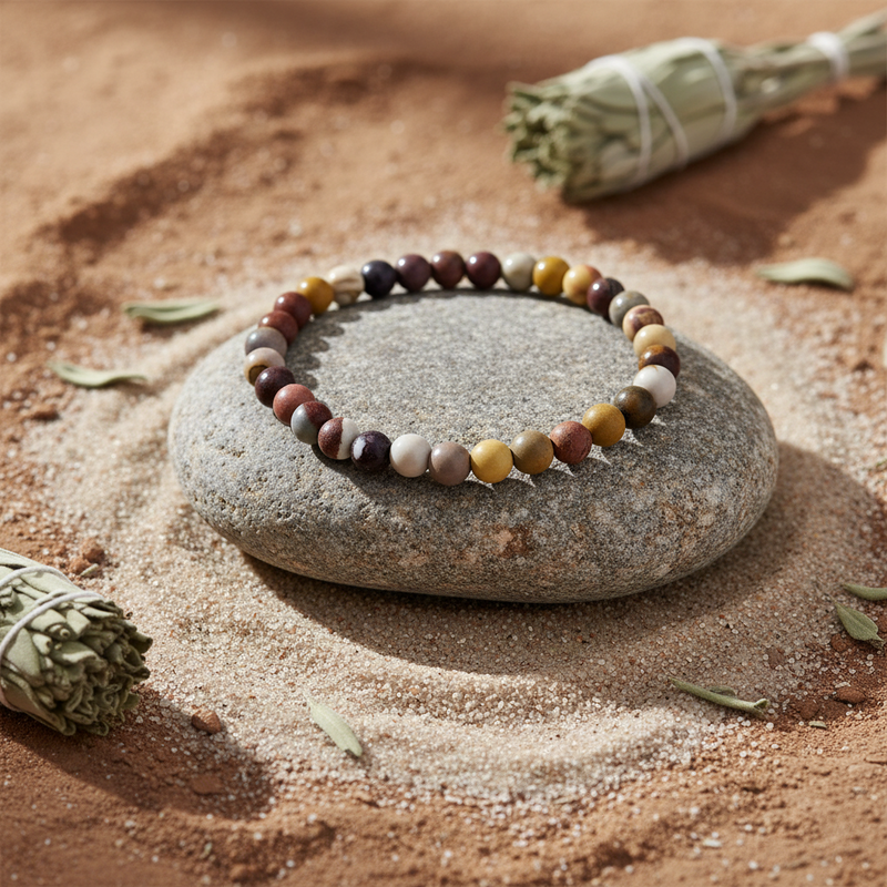 A beaded stretch bracelet made of polished stone beads in earthy brown, cream, yellow, and purple tones, displayed on a smooth gray stone over a sandy surface with dried botanical props.