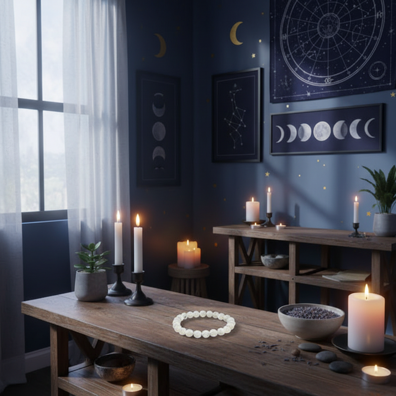 A moody, celestial-themed bedroom or study with dark blue walls decorated with moon phase prints, constellations, and crescent moon decals. A wooden table in the foreground holds a white beaded bracelet, candles, a bowl of lavender, and small plants, while another console table in the background is lit by candles.