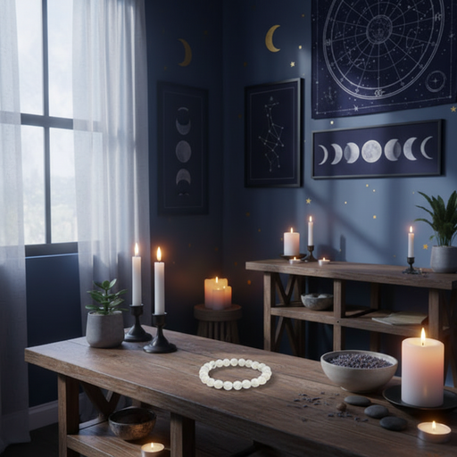 A moody, celestial-themed bedroom or study with dark blue walls decorated with moon phase prints, constellations, and crescent moon decals. A wooden table in the foreground holds a white beaded bracelet, candles, a bowl of lavender, and small plants, while another console table in the background is lit by candles.