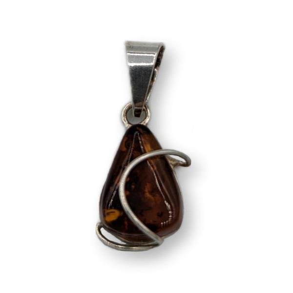 Pendant Amber Oval Wire Wrap Sterling Silver