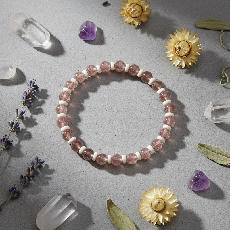 A beaded stretch bracelet made of pink translucent crystals and white spacer beads, arranged in a circle on a gray surface with crystals, dried flowers, and lavender sprigs around it.