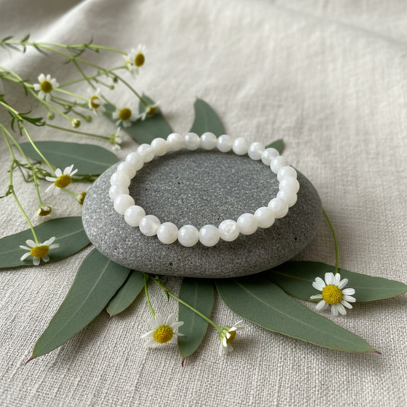 A white beaded bracelet made of smooth, polished round beads, displayed on a smooth gray stone. The stone is styled on a textured beige linen fabric, surrounded by green leaves and small white daisies.