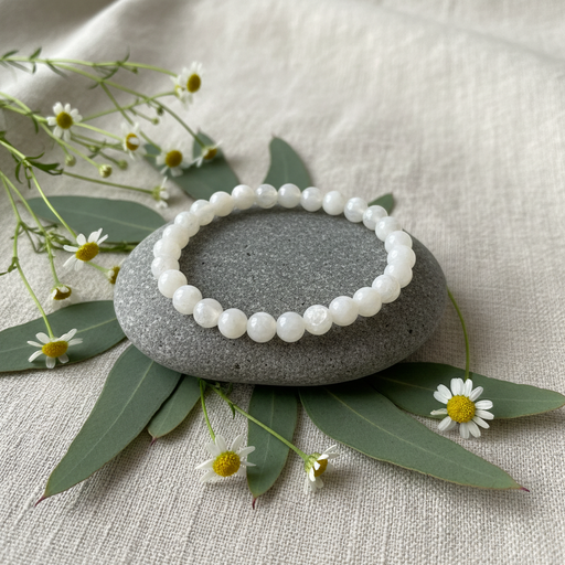 A white beaded bracelet made of smooth, polished round beads, displayed on a smooth gray stone. The stone is styled on a textured beige linen fabric, surrounded by green leaves and small white daisies.