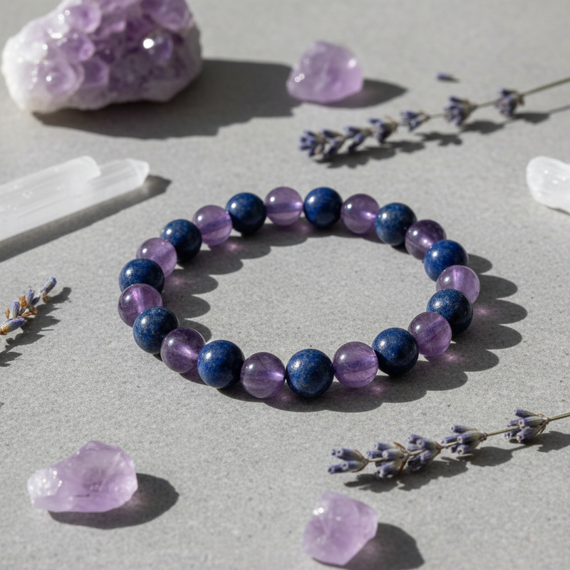 A beaded stretch bracelet made of alternating deep blue lapis lazuli and light purple amethyst round beads, styled on a gray surface with lavender sprigs, crystals, and a larger amethyst cluster.