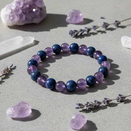 A beaded stretch bracelet made of alternating deep blue lapis lazuli and light purple amethyst round beads, styled on a gray surface with lavender sprigs, crystals, and a larger amethyst cluster.