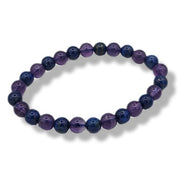 Purple and blue beaded bracelet on a white background