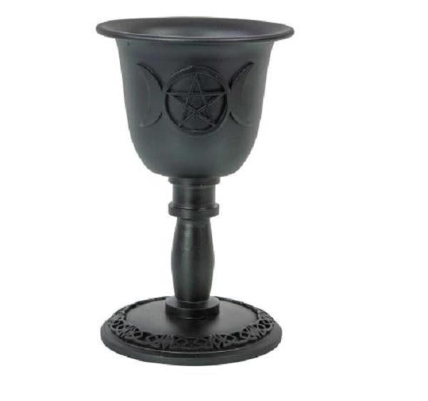 Mini Candle Holder Metal Chalice Triple Moon With Pentacle