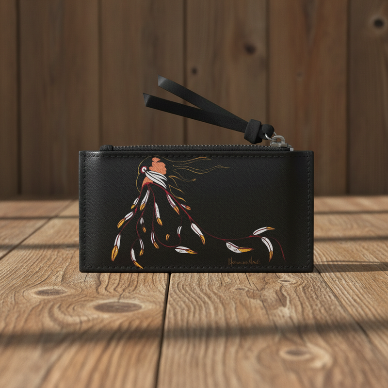 A black leather  pouch with a wrist strap, featuring a painted Native American-style figure with feathers in warm tones, set on a rustic wooden surface against a wooden plank background.