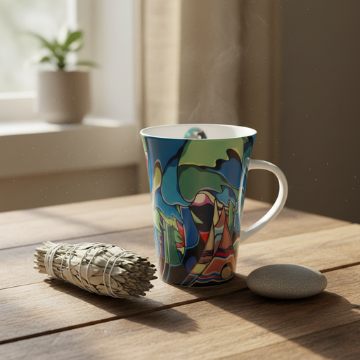  The Daphne Odjig "And Some Watched the Sunset" Porcelain Mug sits on a wooden table next to a smudge bundle and a stone, with a softly blurred window and plant in the background.