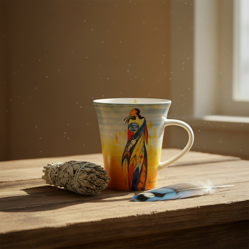 The Not Forgotten Porcelain Mug sits on a rustic wooden table next to a sage bundle and a feather, in warm natural light.