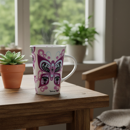 A white ceramic mug with a purple and pink butterfly design sits on a wooden table in a cozy indoor setting with a window, plants, and a chair in the background.