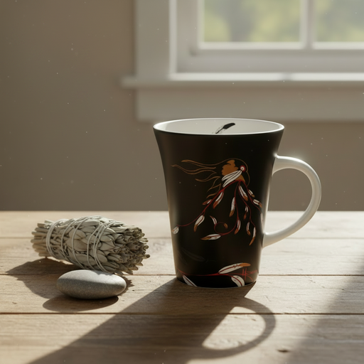 Mug "Eagle's Gift", sits on a wooden table next to a white sage bundle and a smooth gray stone in warm window light.