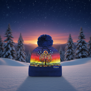 Colorful beanie with a tree design in a snowy landscape at sunset