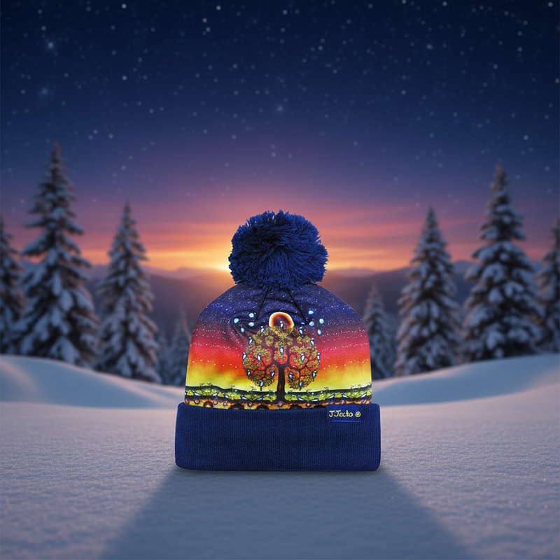 Colorful beanie with a tree design in a snowy landscape at sunset